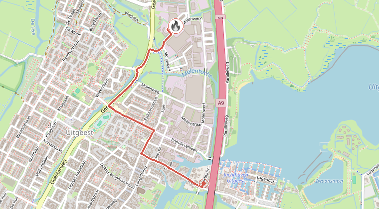 Kaart van de omgeving van de melding, met de kazerne die is gealarmeerd