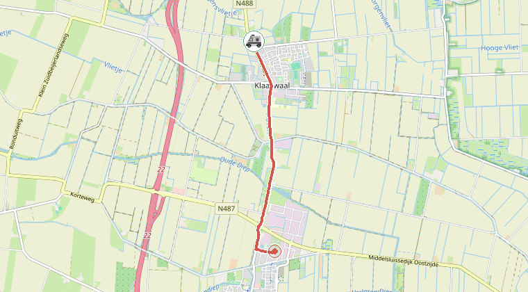 Kaart van de omgeving van de melding, met de kazerne die is gealarmeerd