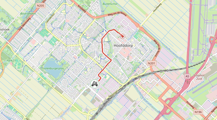 Kaart van de omgeving van de melding, met de kazerne die is gealarmeerd