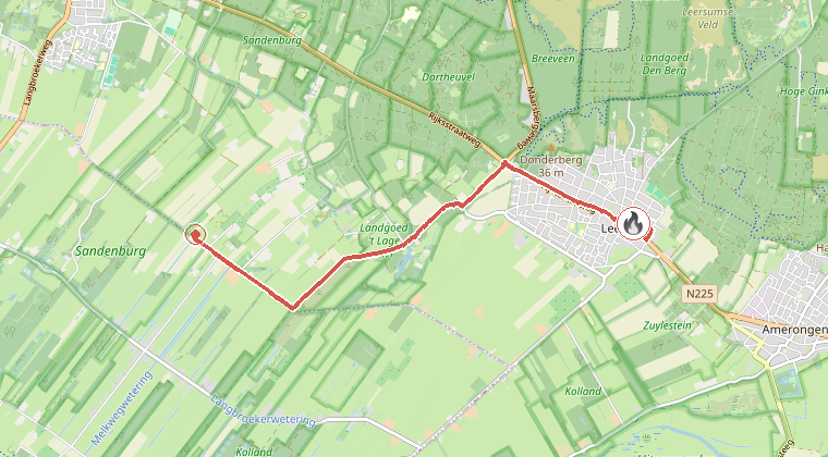 Kaart van de omgeving van de melding, met de kazerne die is gealarmeerd