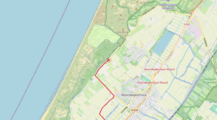 Kaart van de omgeving van de melding, met de kazerne die is gealarmeerd