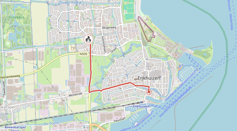 Kaart van de omgeving van de melding, met de kazerne die is gealarmeerd