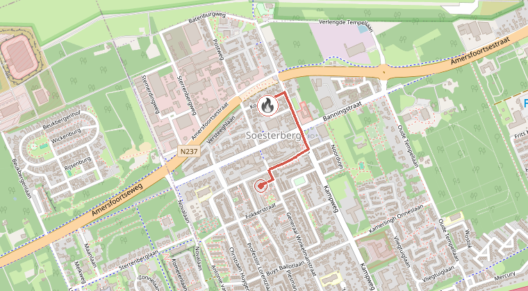 Kaart van de omgeving van de melding, met de kazerne die is gealarmeerd