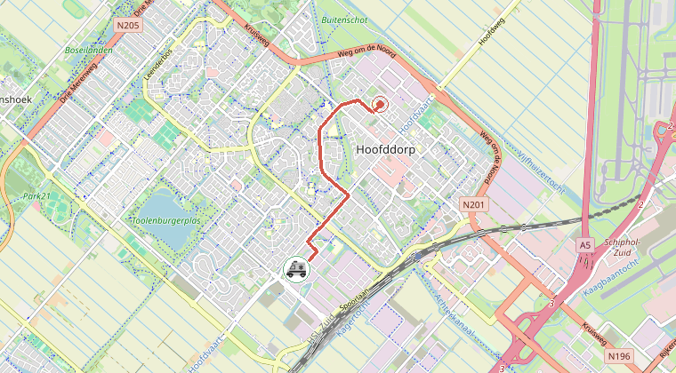 Kaart van de omgeving van de melding, met de kazerne die is gealarmeerd