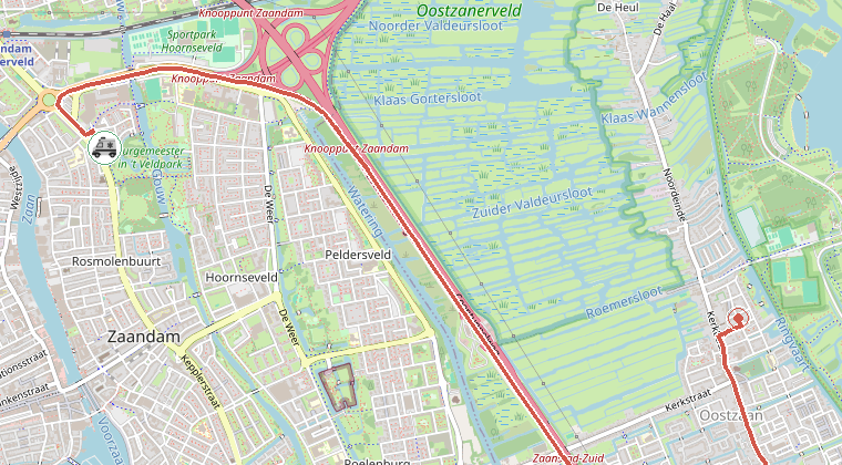Kaart van de omgeving van de melding, met de kazerne die is gealarmeerd