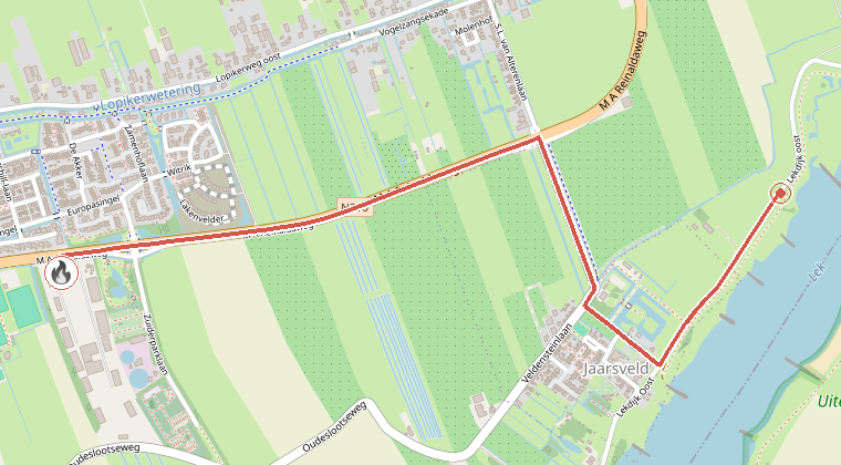 Kaart van de omgeving van de melding, met de kazerne die is gealarmeerd