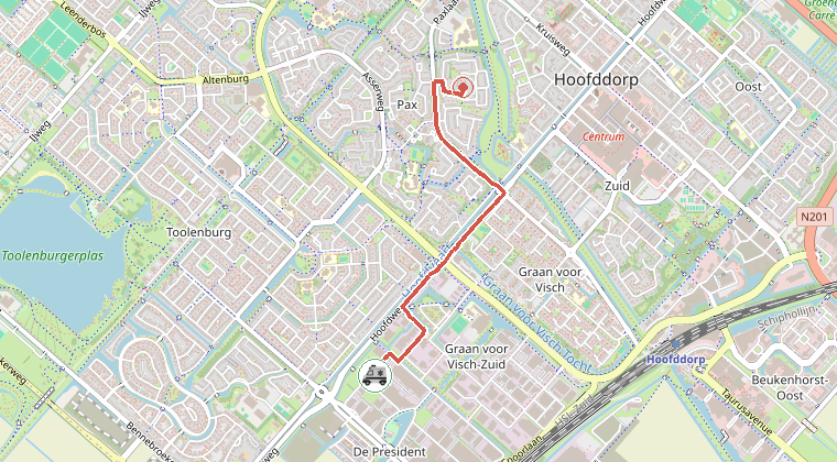Kaart van de omgeving van de melding, met de kazerne die is gealarmeerd