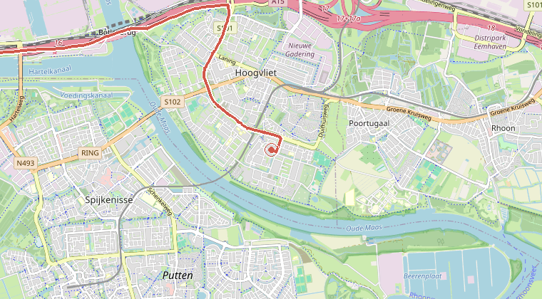 Kaart van de omgeving van de melding, met de kazerne die is gealarmeerd