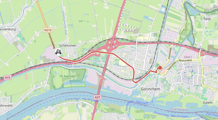 Kaart van de omgeving van de melding, met de kazerne die is gealarmeerd