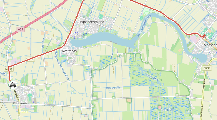 Kaart van de omgeving van de melding, met de kazerne die is gealarmeerd