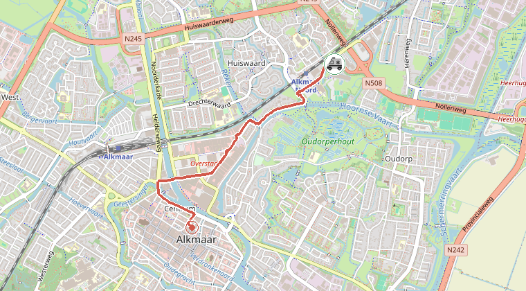 Kaart van de omgeving van de melding, met de kazerne die is gealarmeerd