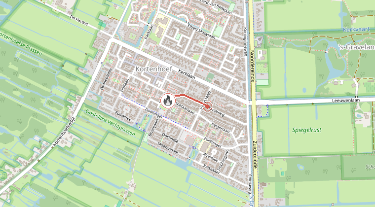 Kaart van de omgeving van de melding, met de kazerne die is gealarmeerd