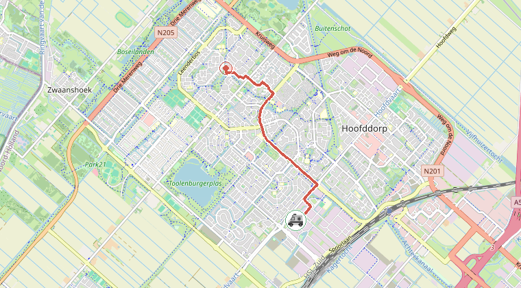 Kaart van de omgeving van de melding, met de kazerne die is gealarmeerd