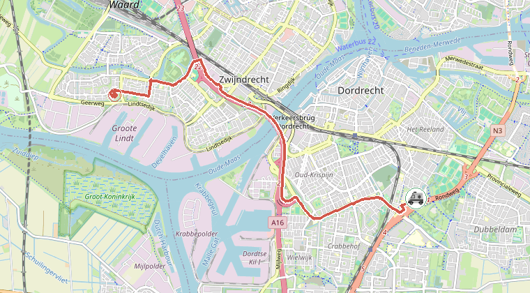 Kaart van de omgeving van de melding, met de kazerne die is gealarmeerd