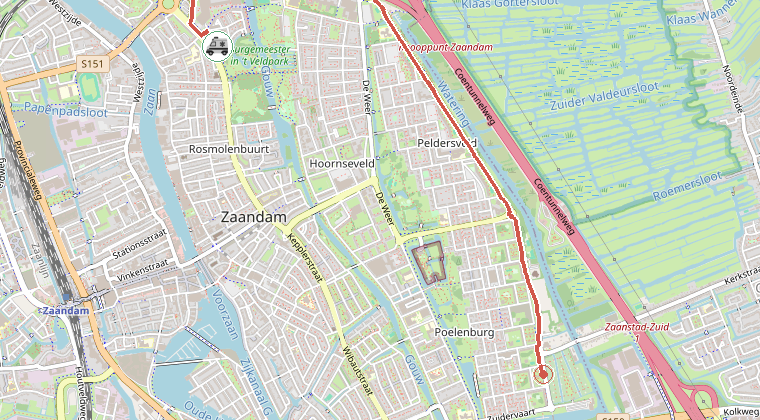 Kaart van de omgeving van de melding, met de kazerne die is gealarmeerd