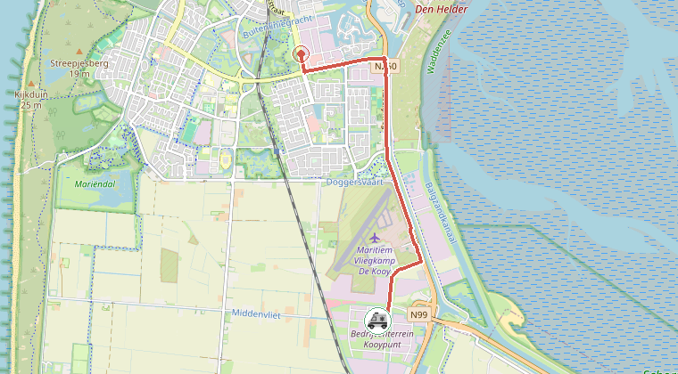 Kaart van de omgeving van de melding, met de kazerne die is gealarmeerd
