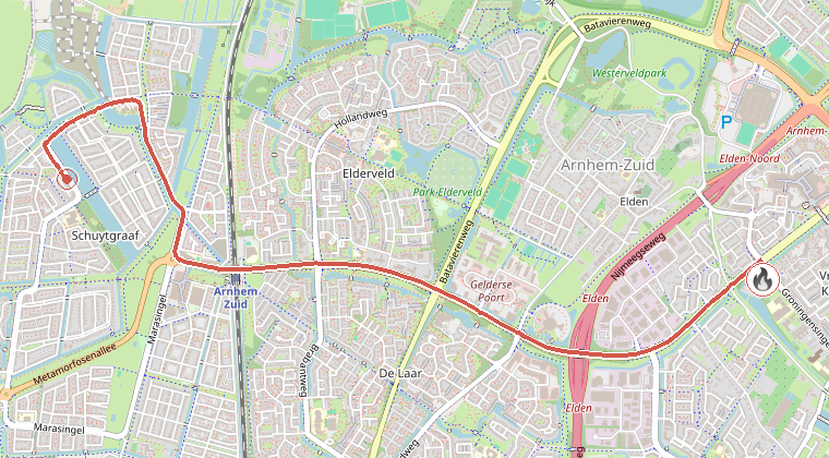 Kaart van de omgeving van de melding, met de kazerne die is gealarmeerd