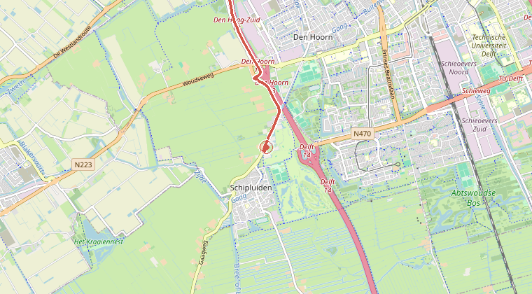 Kaart van de omgeving van de melding, met de kazerne die is gealarmeerd
