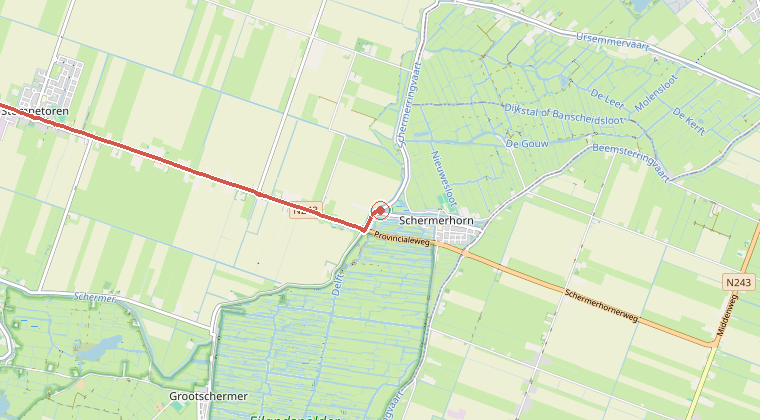 Kaart van de omgeving van de melding, met de kazerne die is gealarmeerd