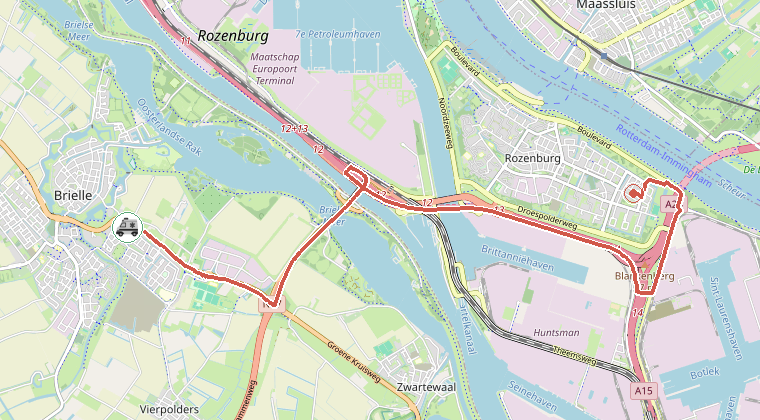 Kaart van de omgeving van de melding, met de kazerne die is gealarmeerd