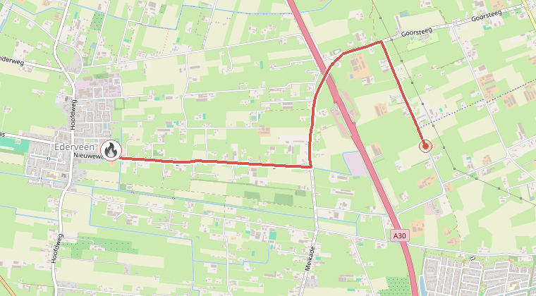 Kaart van de omgeving van de melding, met de kazerne die is gealarmeerd