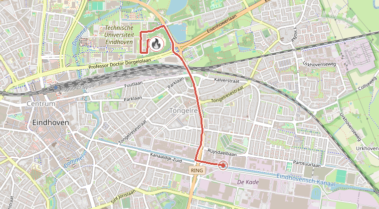 Kaart van de omgeving van de melding, met de kazerne die is gealarmeerd