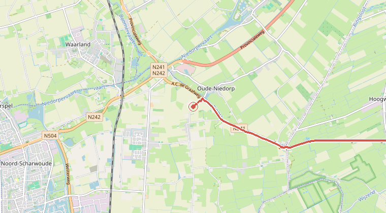 Kaart van de omgeving van de melding, met de kazerne die is gealarmeerd