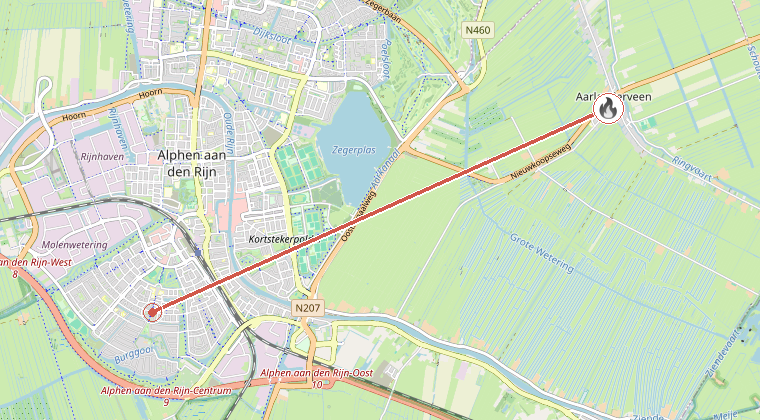 Kaart van de omgeving van de melding, met de kazerne die is gealarmeerd