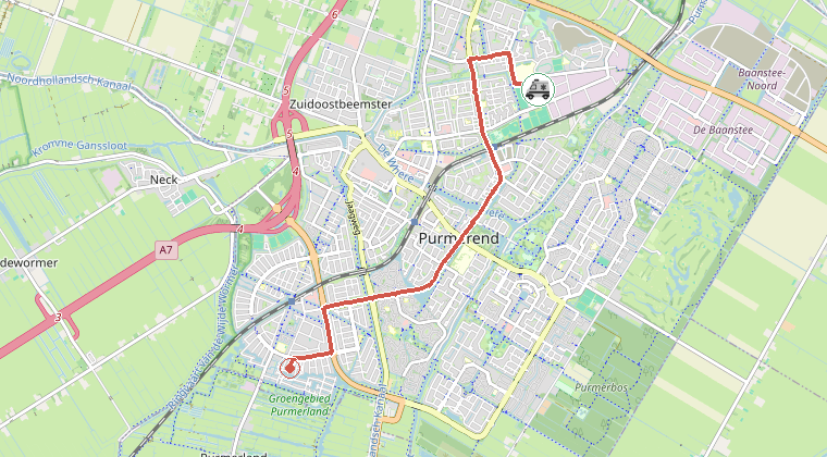 Kaart van de omgeving van de melding, met de kazerne die is gealarmeerd