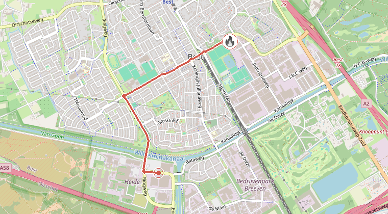 Kaart van de omgeving van de melding, met de kazerne die is gealarmeerd