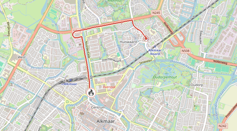 Kaart van de omgeving van de melding, met de kazerne die is gealarmeerd
