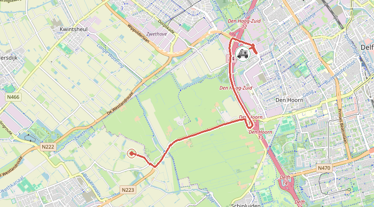Kaart van de omgeving van de melding, met de kazerne die is gealarmeerd