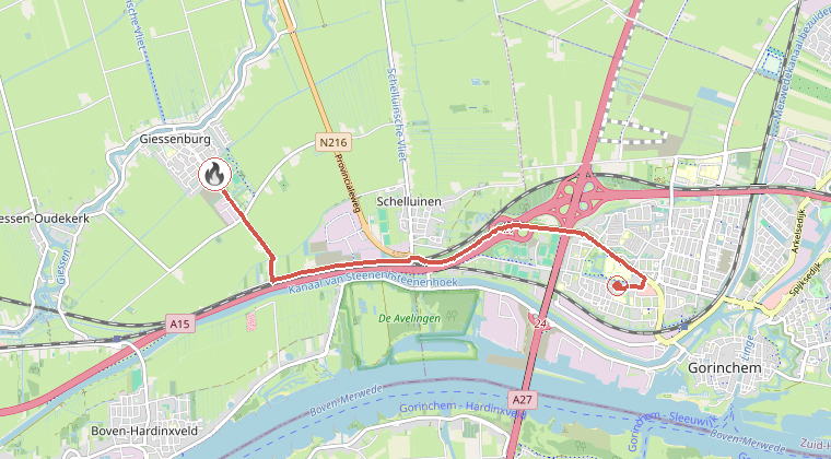 Kaart van de omgeving van de melding, met de kazerne die is gealarmeerd
