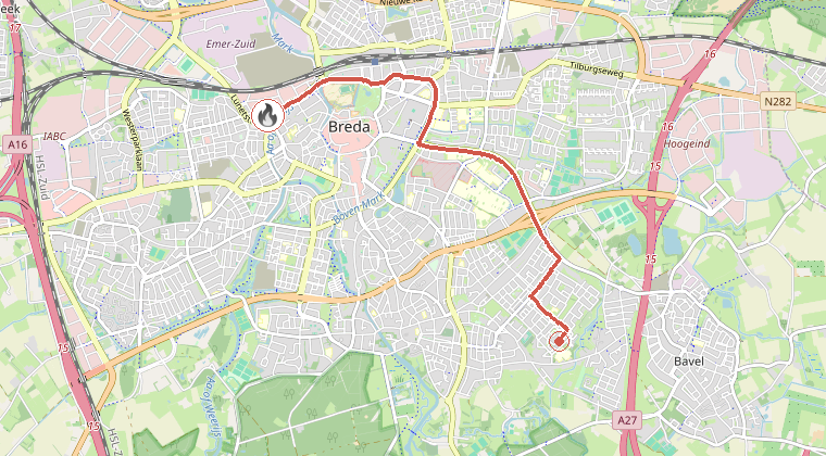 Kaart van de omgeving van de melding, met de kazerne die is gealarmeerd