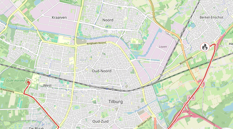 Kaart van de omgeving van de melding, met de kazerne die is gealarmeerd