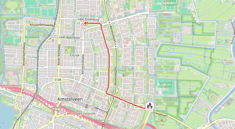 Kaart van de omgeving van de melding, met de kazerne die is gealarmeerd