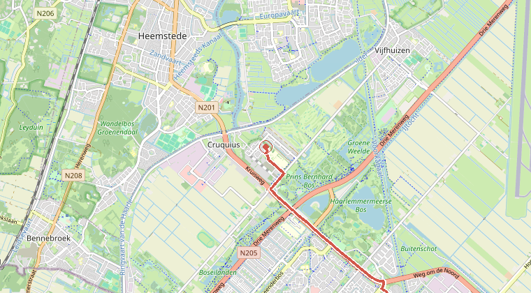 Kaart van de omgeving van de melding, met de kazerne die is gealarmeerd