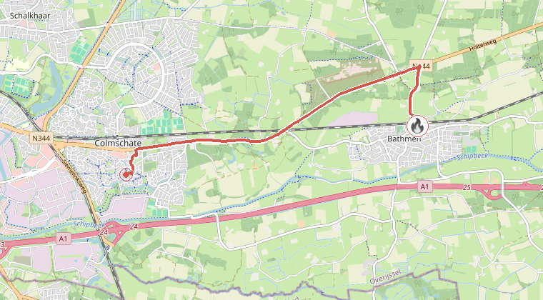 Kaart van de omgeving van de melding, met de kazerne die is gealarmeerd