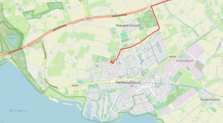 Kaart van de omgeving van de melding, met de kazerne die is gealarmeerd