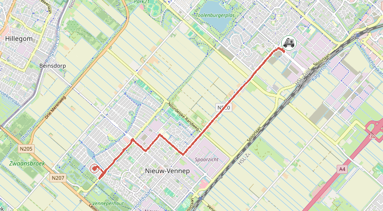 Kaart van de omgeving van de melding, met de kazerne die is gealarmeerd