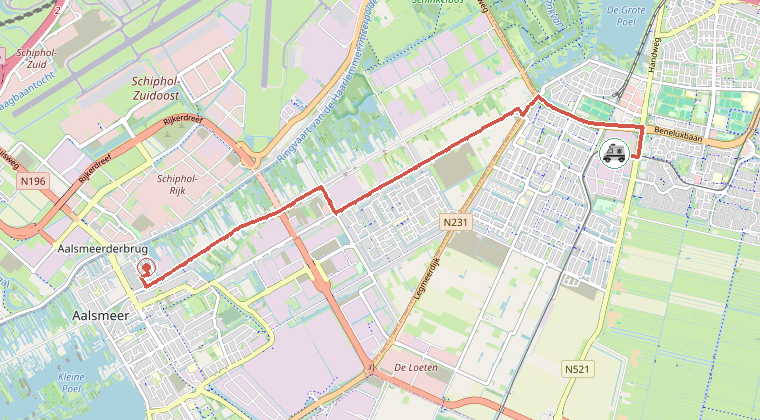 Kaart van de omgeving van de melding, met de kazerne die is gealarmeerd