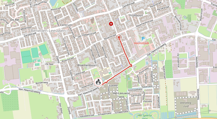 Kaart van de omgeving van de melding, met de kazerne die is gealarmeerd