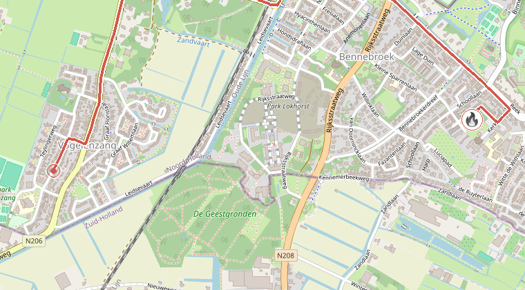 Kaart van de omgeving van de melding, met de kazerne die is gealarmeerd
