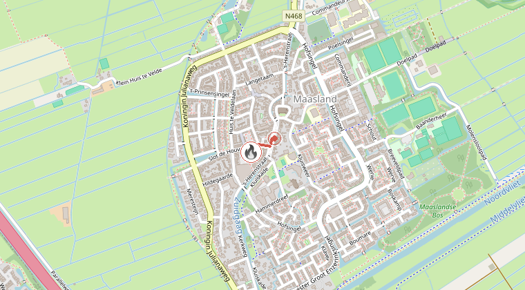 Kaart van de omgeving van de melding, met de kazerne die is gealarmeerd