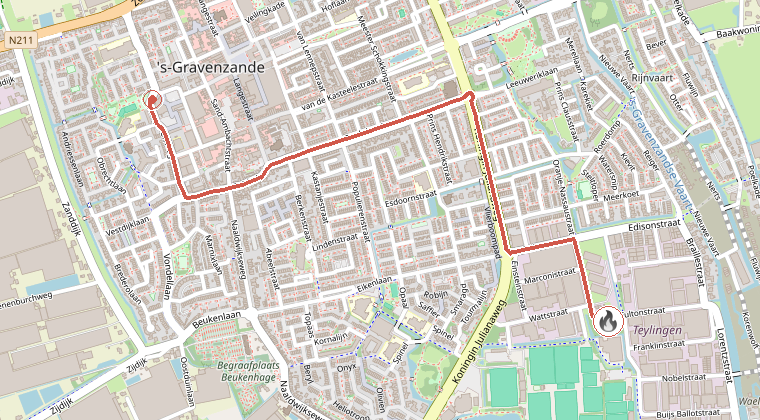Kaart van de omgeving van de melding, met de kazerne die is gealarmeerd