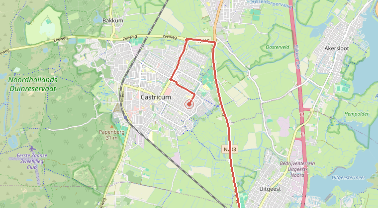 Kaart van de omgeving van de melding, met de kazerne die is gealarmeerd