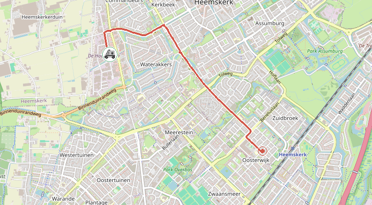 Kaart van de omgeving van de melding, met de kazerne die is gealarmeerd