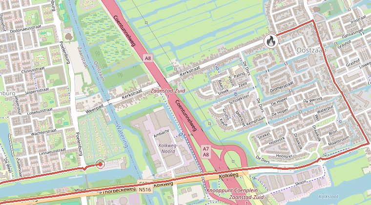 Kaart van de omgeving van de melding, met de kazerne die is gealarmeerd