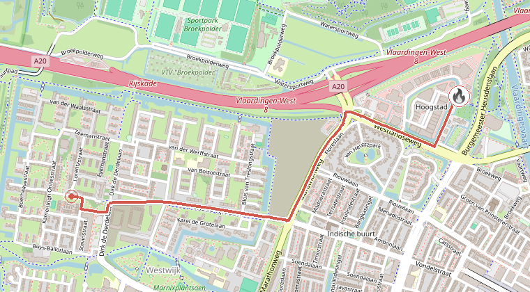 Kaart van de omgeving van de melding, met de kazerne die is gealarmeerd