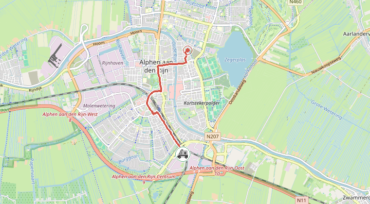 Kaart van de omgeving van de melding, met de kazerne die is gealarmeerd